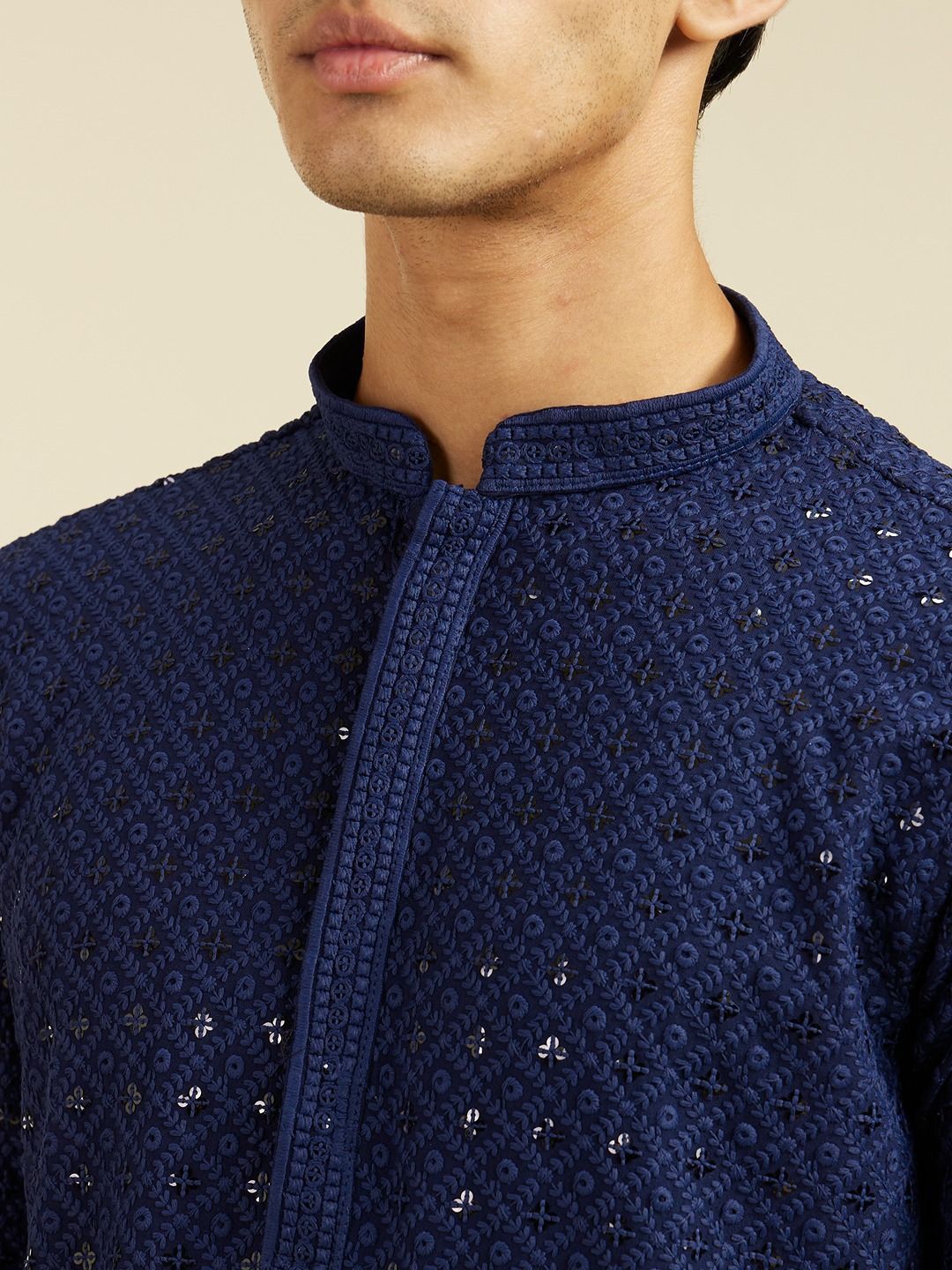 Diwas by Manyavar Geometric Chikankari Embroidered & Sequinned Mandarin Collar Kurta