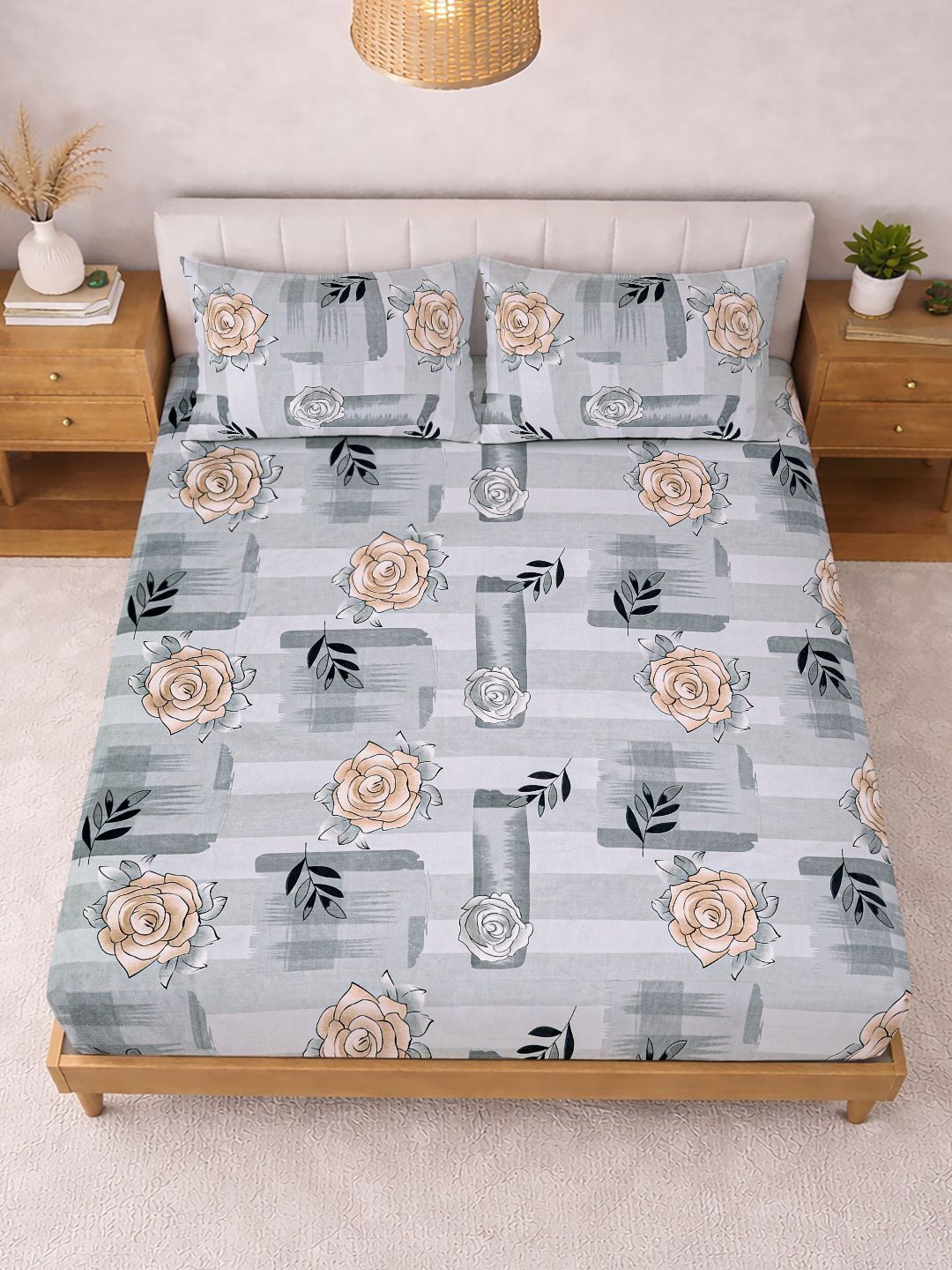 Myntra Elegant Homes Grey Floral 300 TC King Bedsheet With 2 Pillow Covers