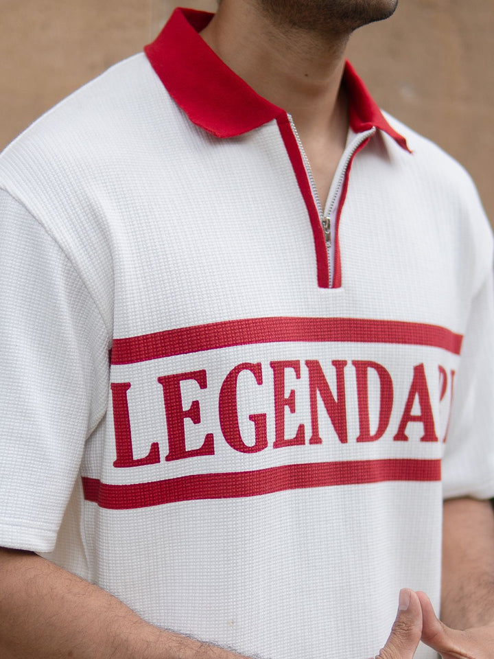 Powerlook Typography Printed Polo Collar Drop-Shoulder Sleeves Oversized T-shirt