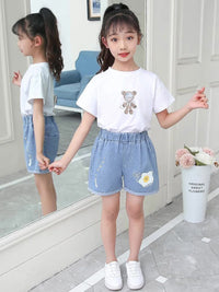 YK Girls Embellished Washed Denim Shorts
