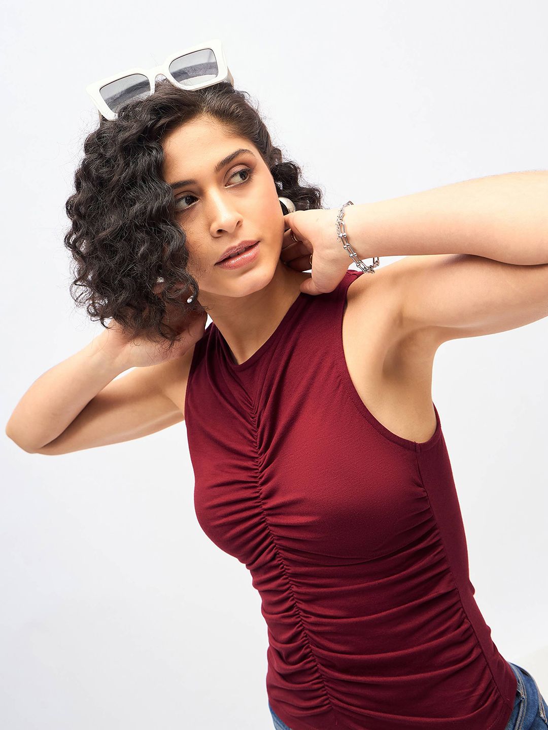 SASSAFRAS Maroon Sleeveless Ruched Fitted Top