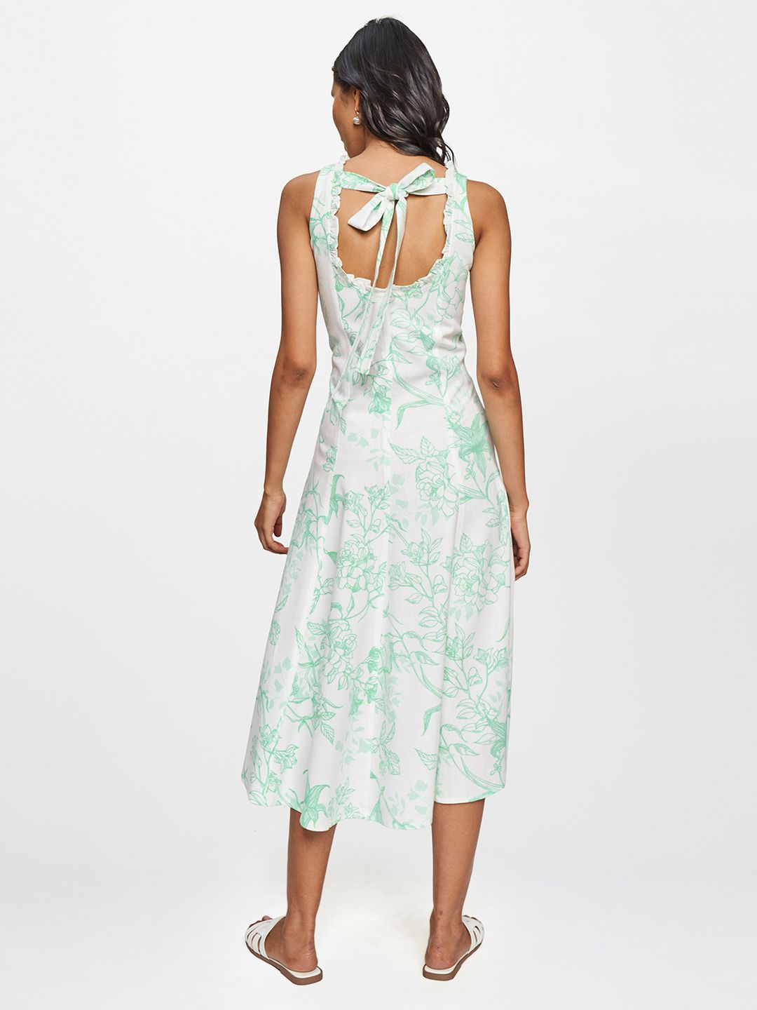 AND Green & White Floral Printed Lettuce Neck A-Line Midi Dress