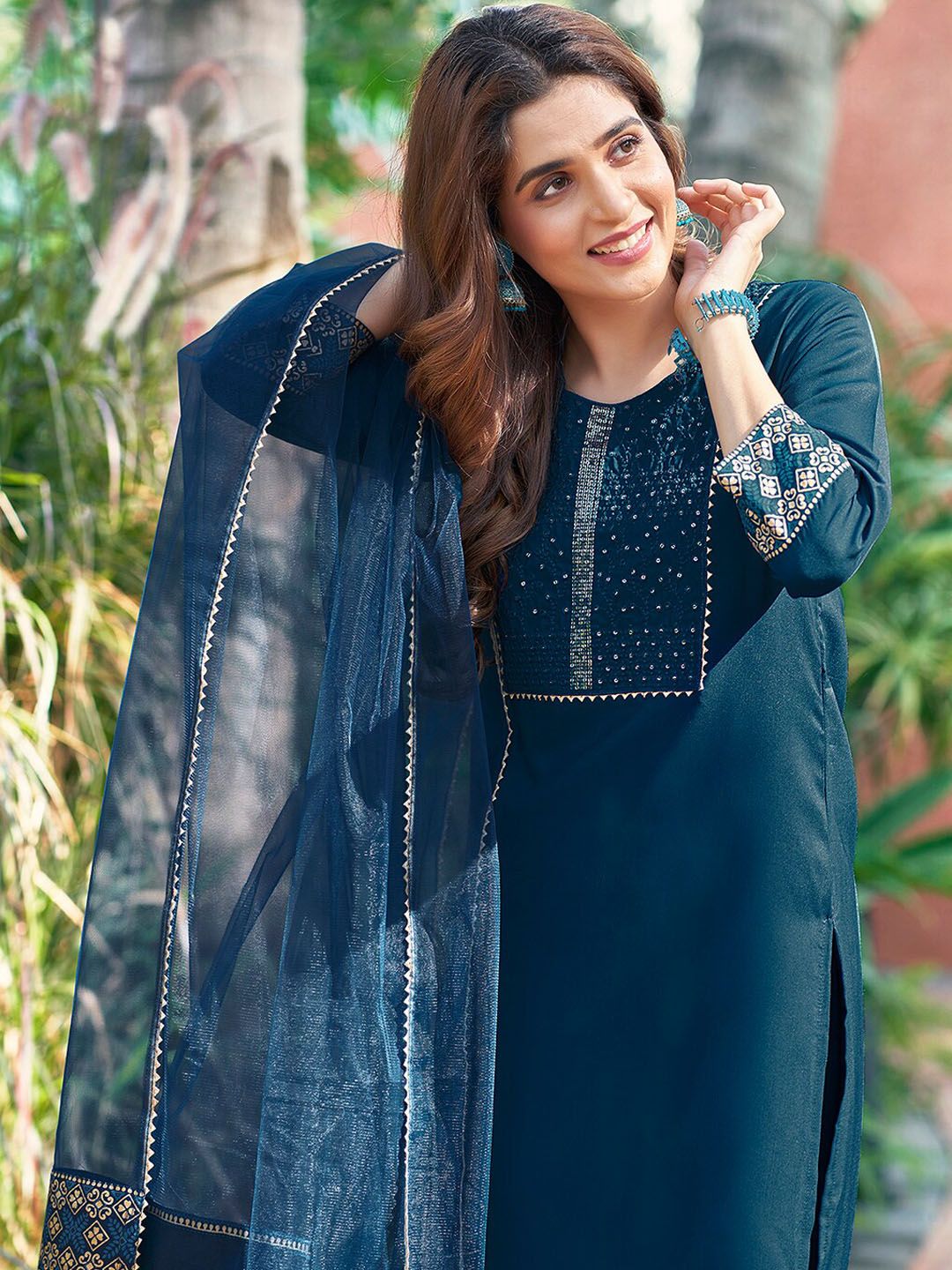 KALINI Yoke Design Sequinned Kurta with Trousers & Dupatta