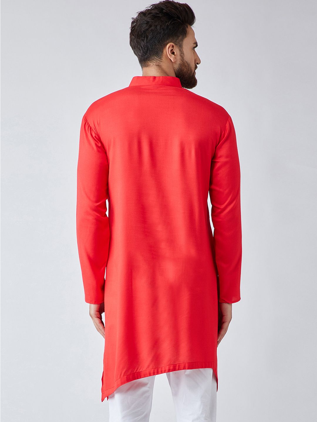 SOJANYA Men Red Solid Asymmetric Straight Kurta