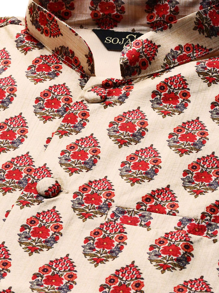 SOJANYA Men Off-White & Red Solid Kurta Set with Nehru Jacket