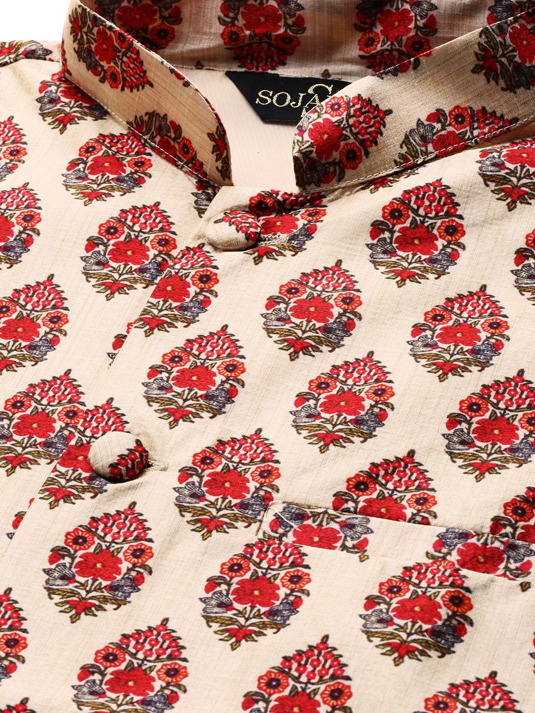 SOJANYA Men Off-White & Red Solid Kurta Set with Nehru Jacket