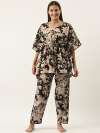 SANSKRUTIHOMES Women Black & Beige Printed Cotton Night suit
