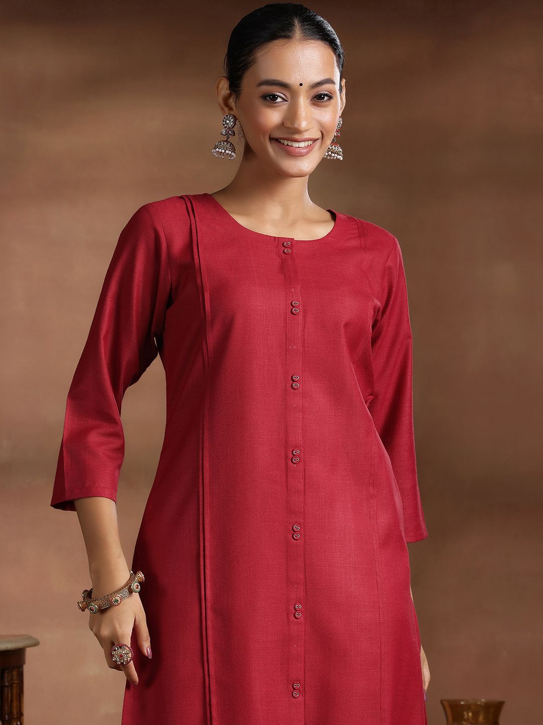 Libas Round Neck Pleated Straight Kurta with Trousers & Dupatta