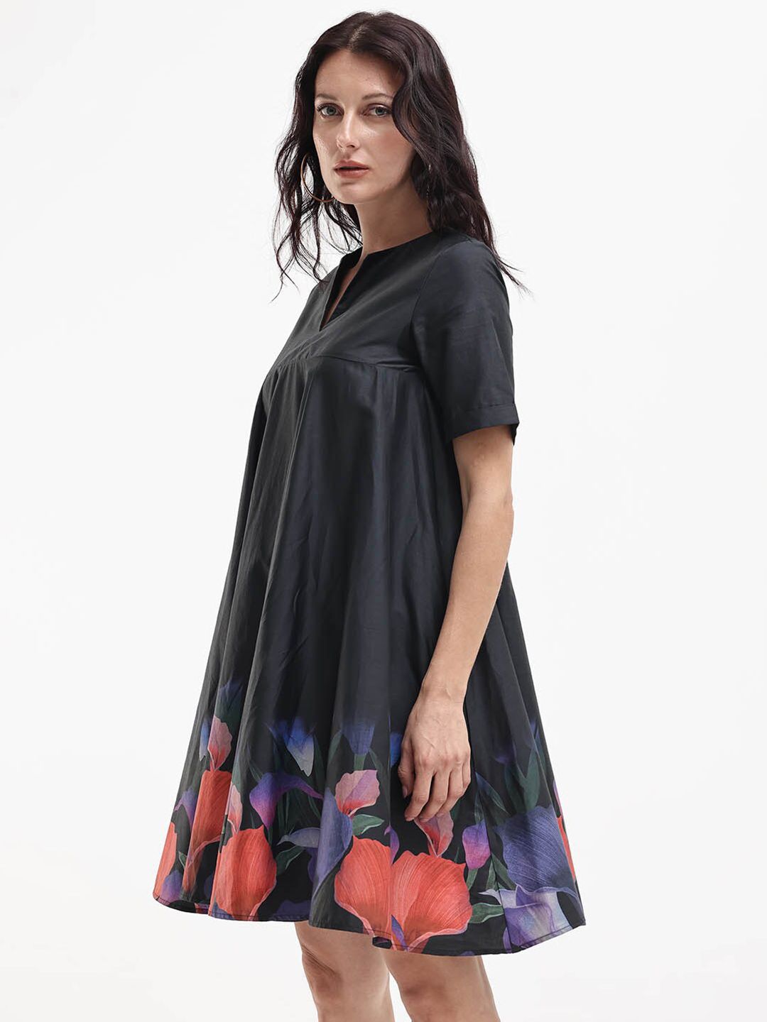 RAREISM Black Floral V-Neck Short Sleeves A-Line Women Cotton Dress