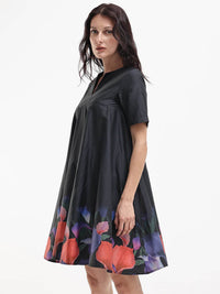 RAREISM Black Floral V-Neck Short Sleeves A-Line Women Cotton Dress