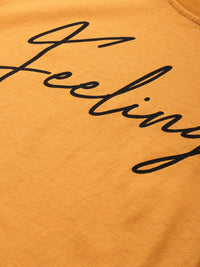 DILLINGER Women Mustard Yellow Printed Round Neck Regular Fit Pure Cotton T-shirt