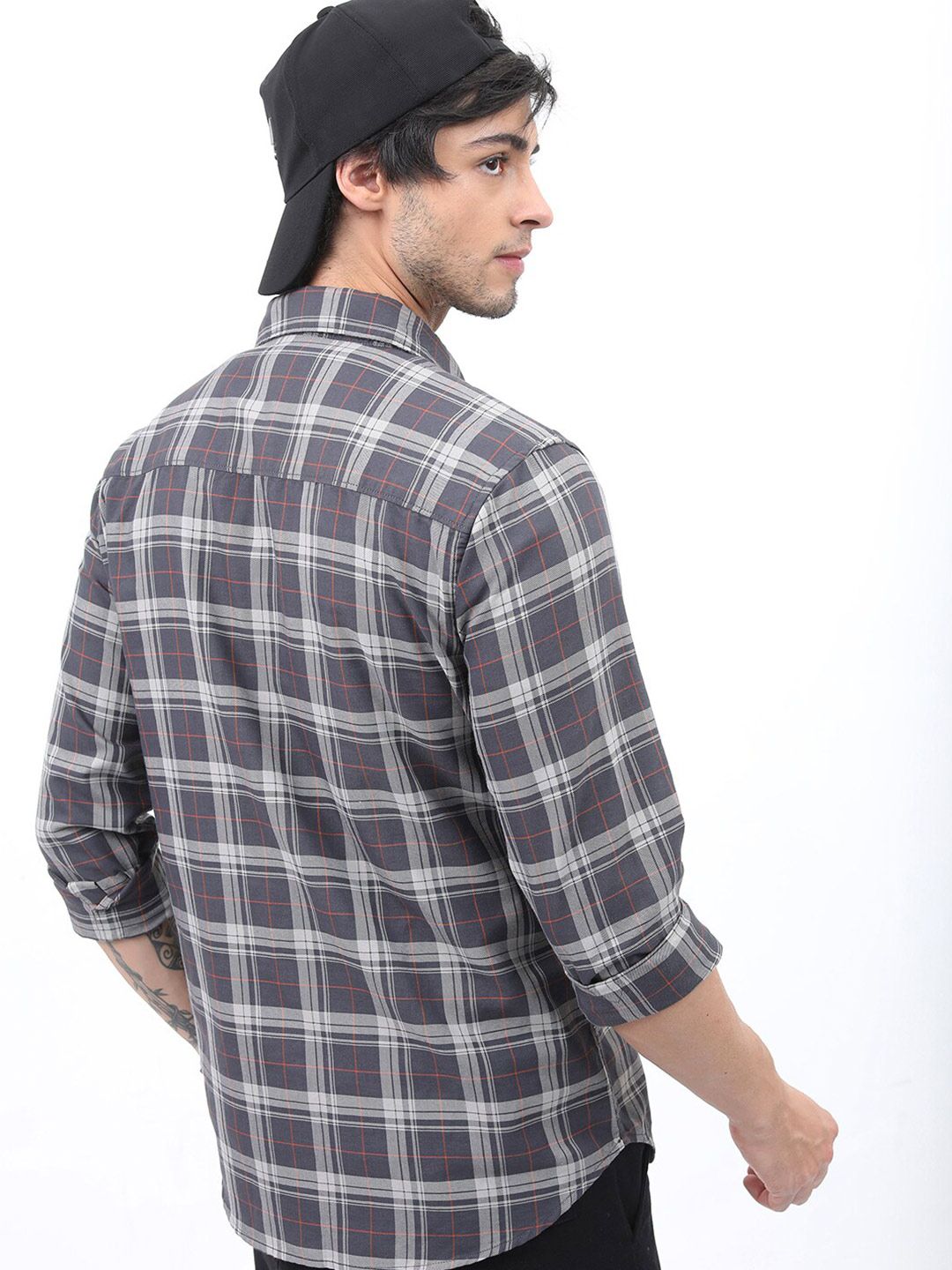 HIGHLANDER Men Grey Slim Fit Tartan Checks Checked Casual Shirt