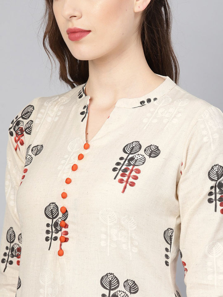 Libas Women Beige Ethnic Print Straight Kurta Set With Side Pockets