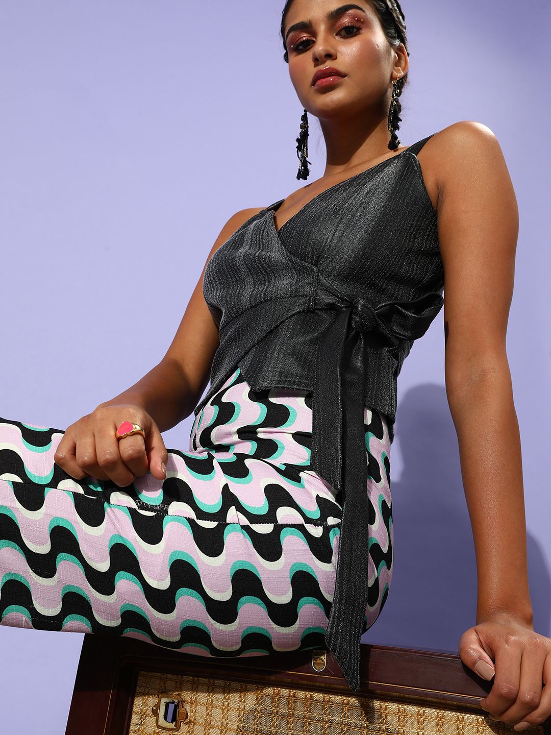 Athena Charcoal Grey Printed Wrap Top with Tie-Up