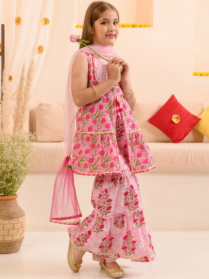 pspeaches Girls Floral Printed Gotta Patti Pure Cotton Kurta With Sharara & Dupatta
