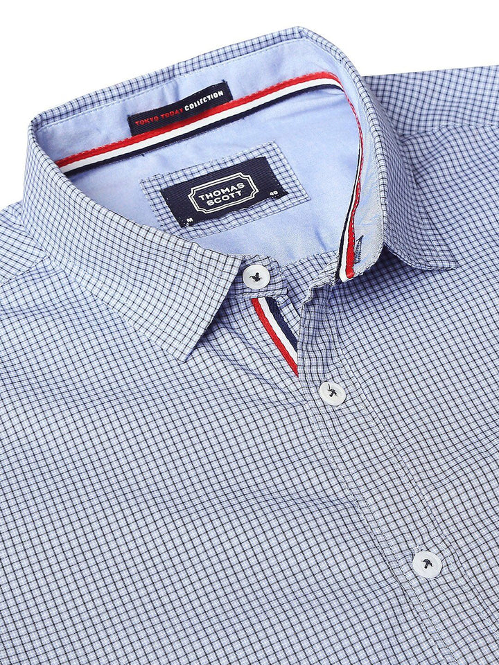 Thomas Scott Men Pure Cotton Blue Relaxed Micro Checks Checked Casual  Shirt