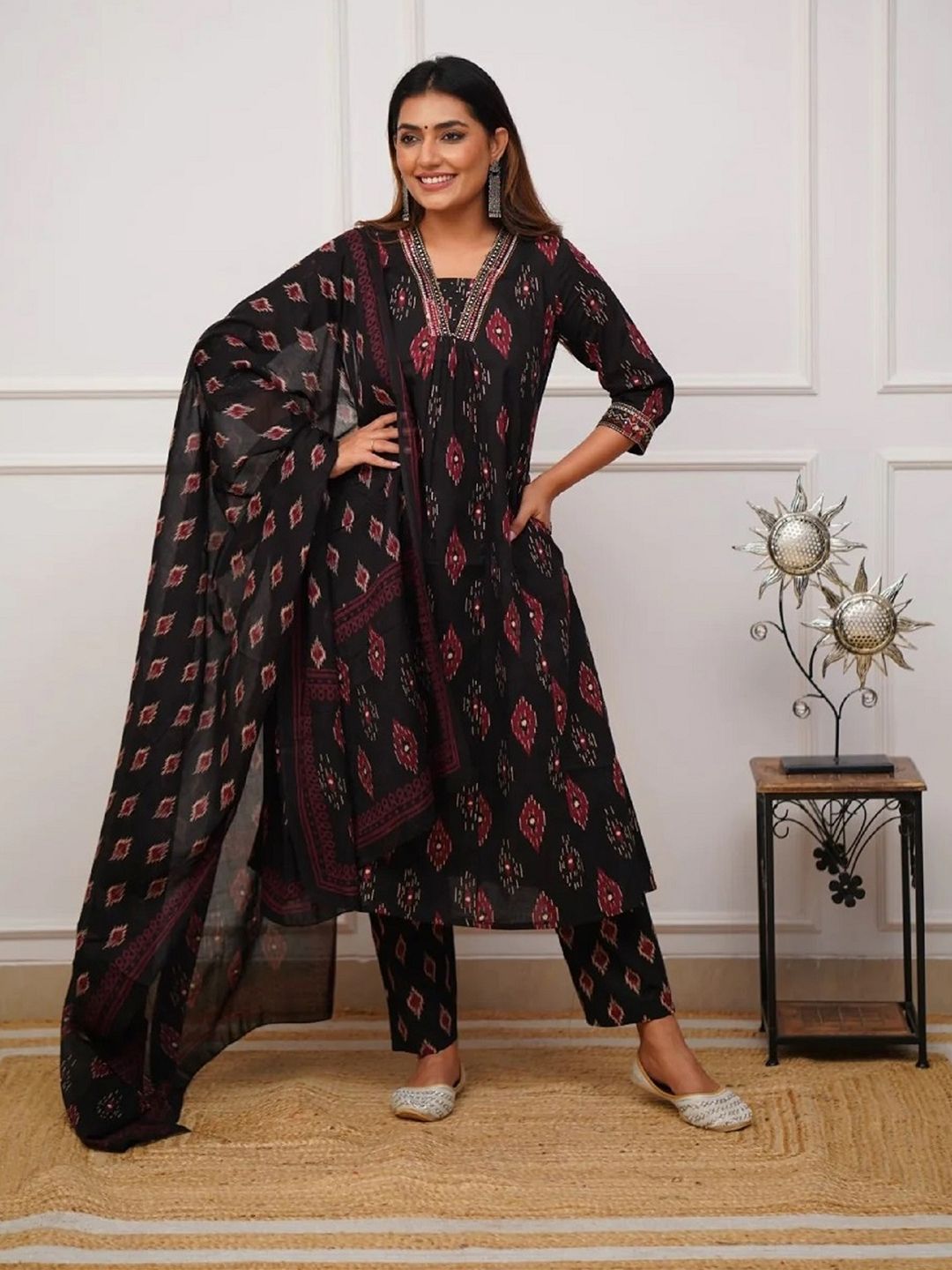 KALINI Printed V-Neck Kurta with Trousers & Dupatta