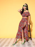 Berrylush Women Deep Red Printed Top with Skirt