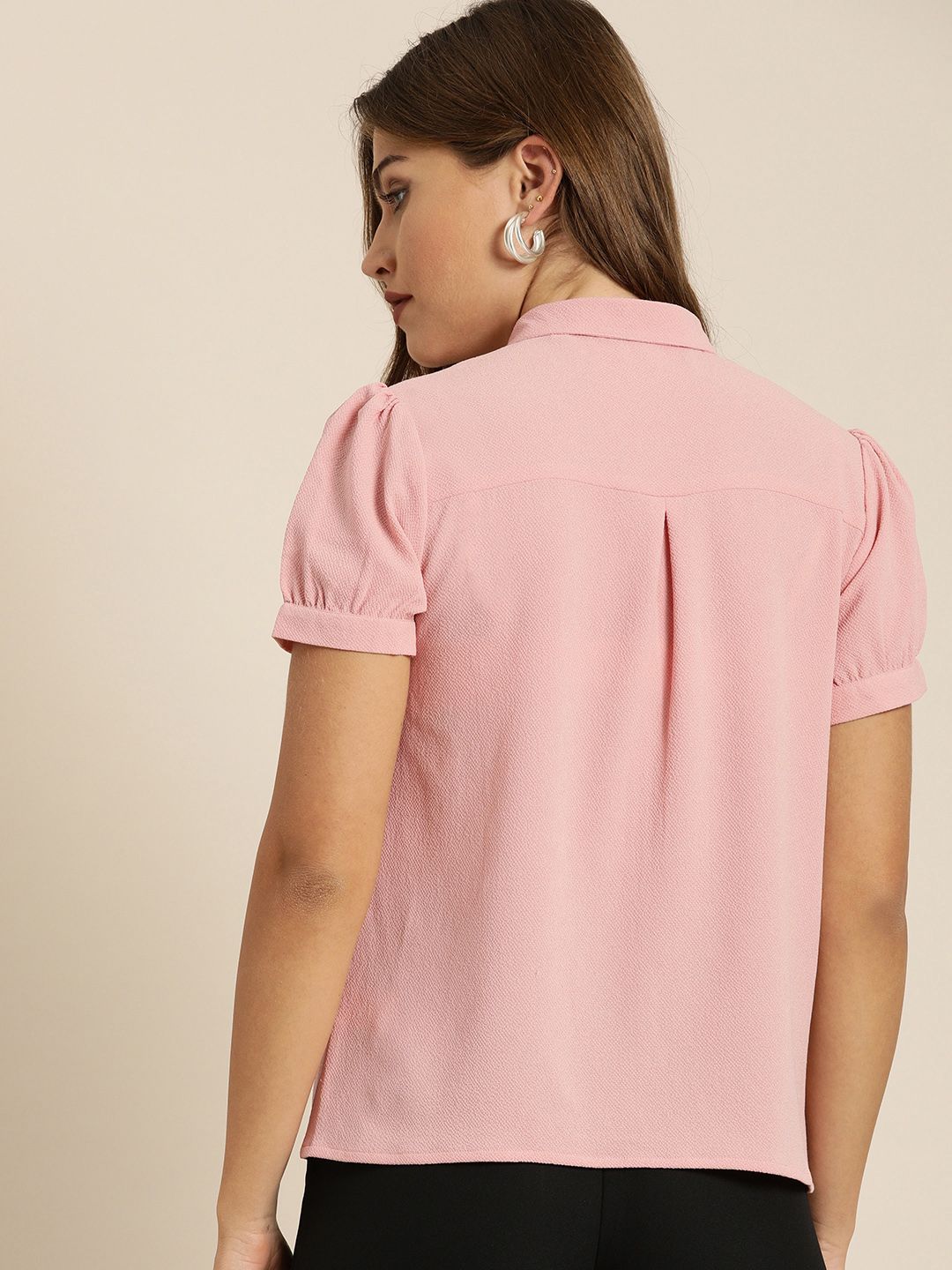 all about you Pink Shirt Collar Top with Beads Embellishment