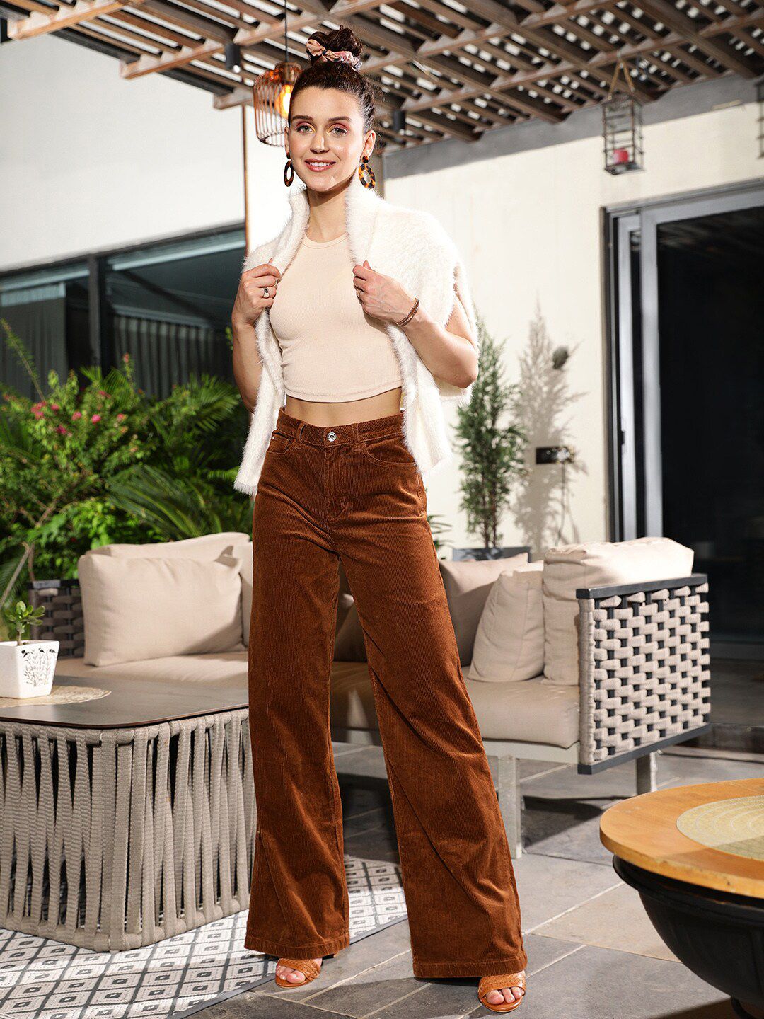 STREET 9 Women Brown Loose Fit High-Rise Seluar Kapas