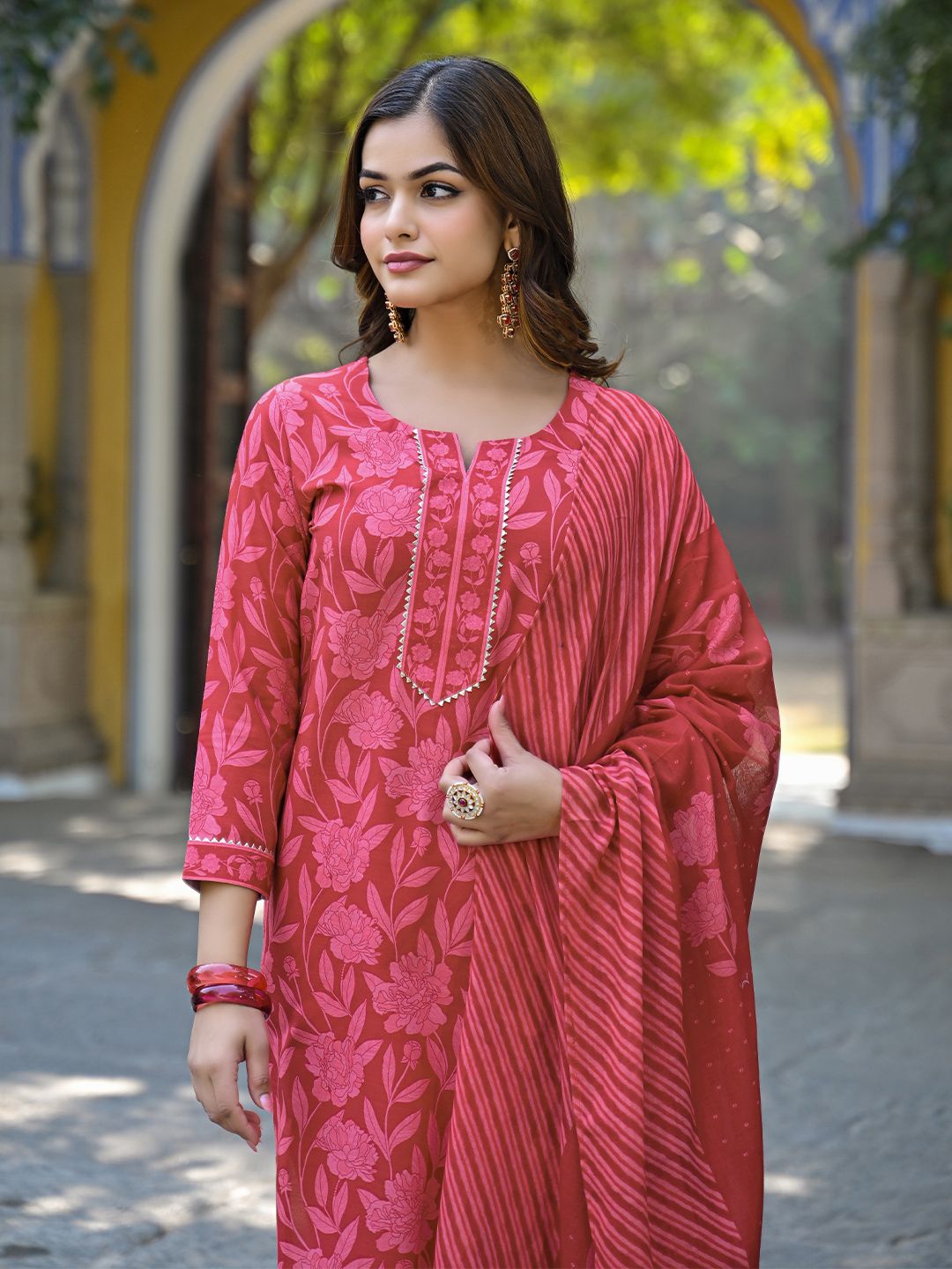 KALINI Floral Printed Notch Neck Gotta Patti Straight Kurta With Trousers & Dupatta