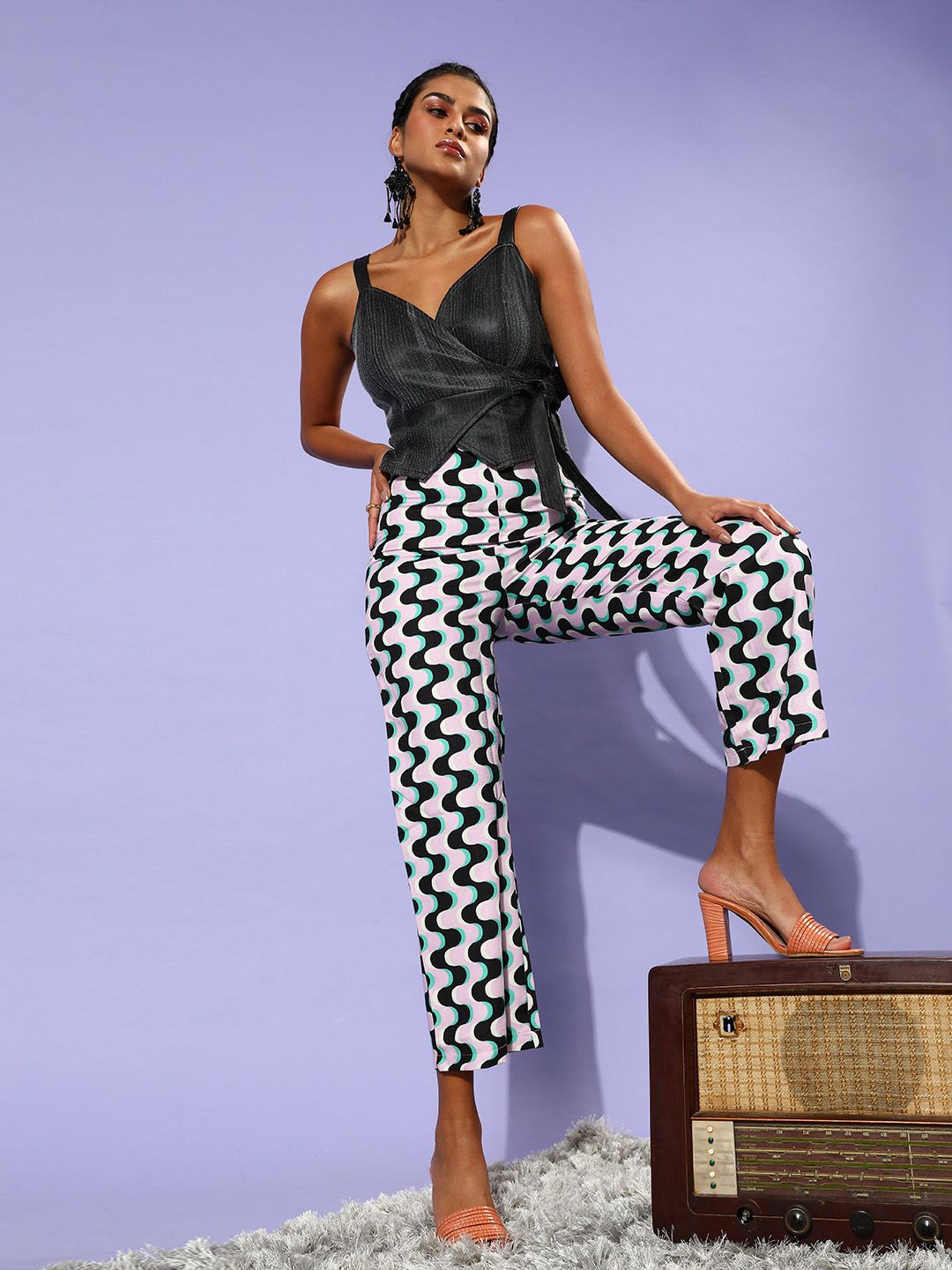 Athena Charcoal Grey Printed Wrap Top with Tie-Up