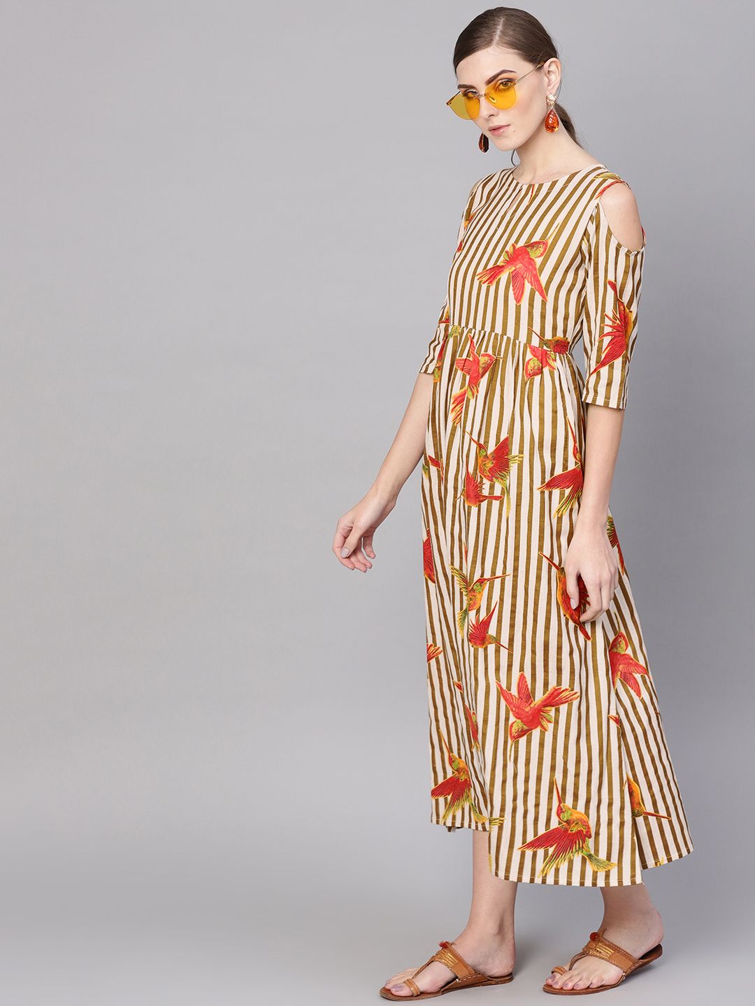 Gerua By Libas Women Off-White Brown Striped Maxi Dress