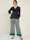 Antheaa Black V-Neck Puff Sleeves Satin Top With Printed Palazzos
