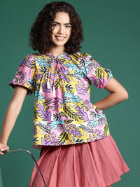 DressBerry Graphic Print Tie-Up Neck Puff Sleeve Top