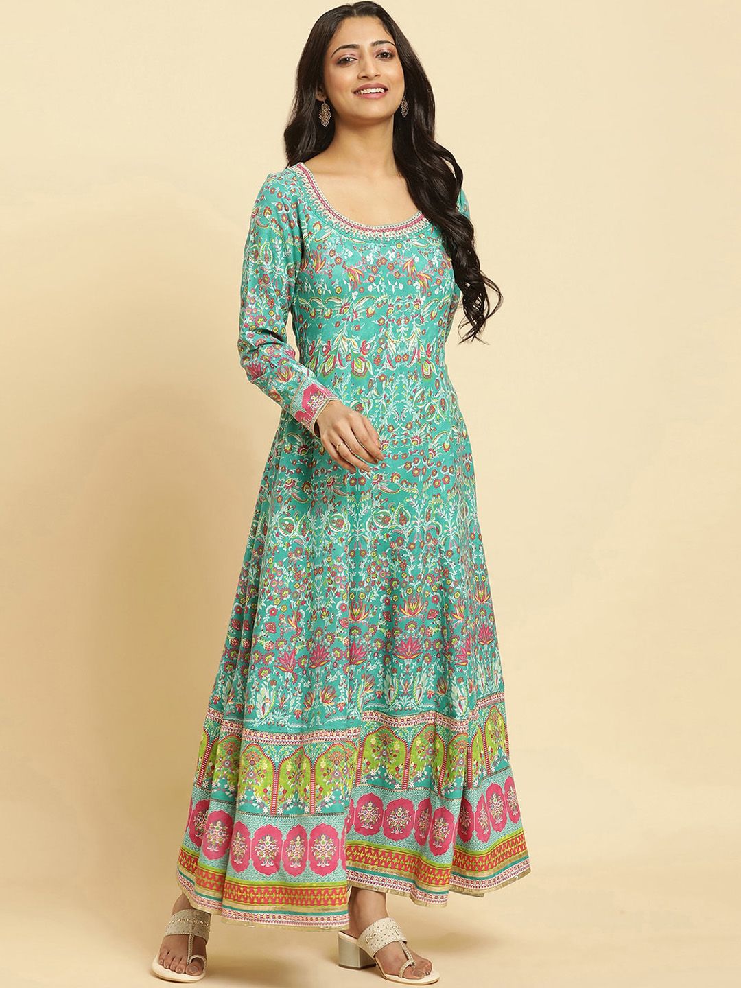 W Green Floral Printed Anarkali Thread Work Kurta With Leggings And Dupatta