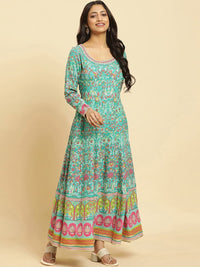 W Green Floral Printed Anarkali Thread Work Kurta With Leggings And Dupatta
