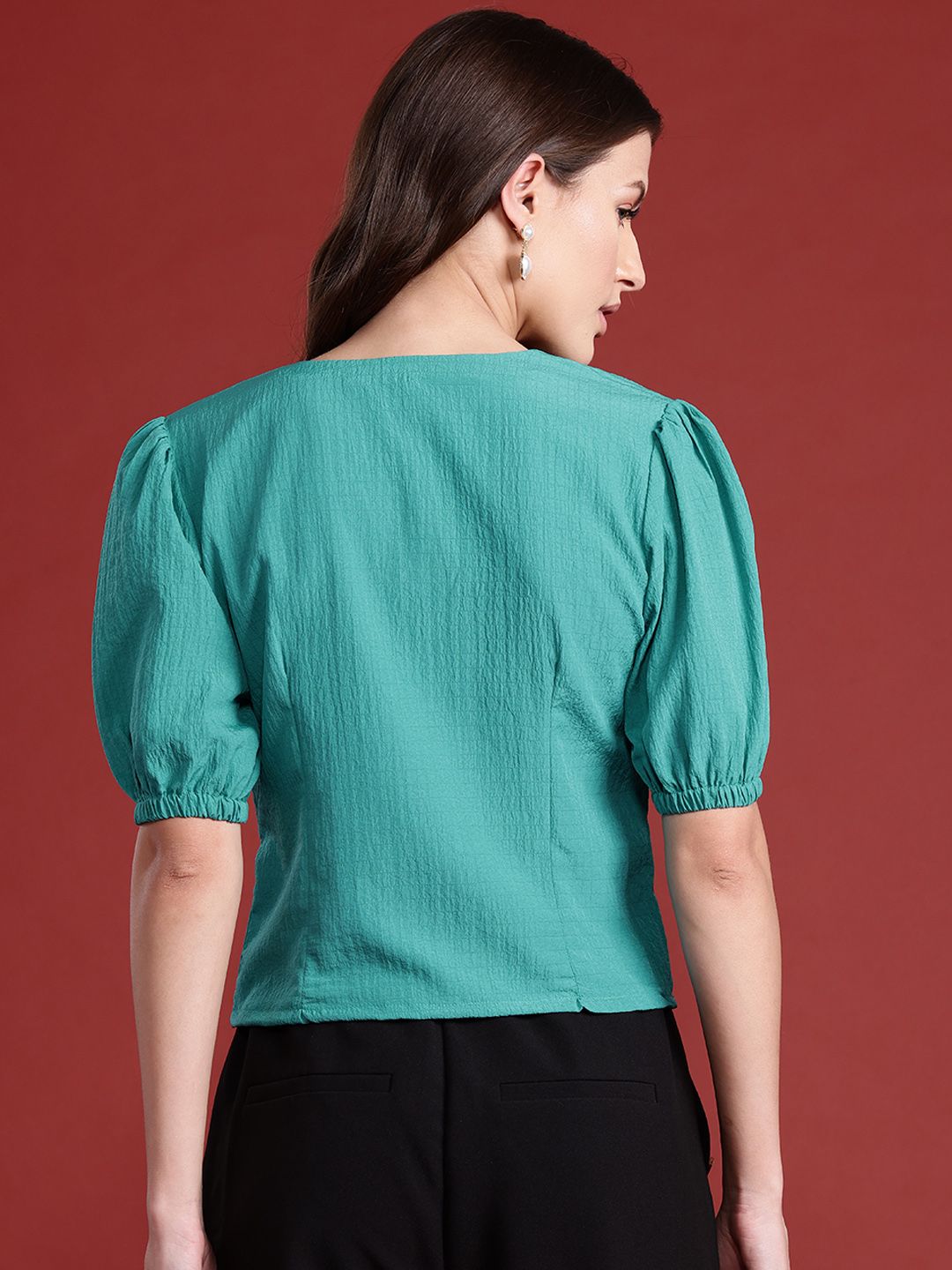 all about you Puff Sleeves Textured Twisted Top