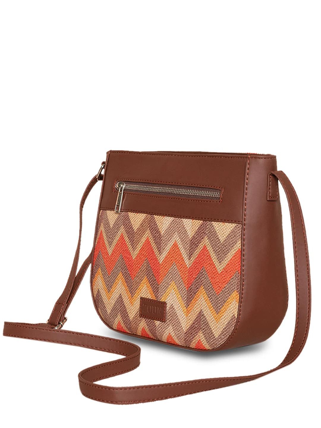 ZOUK Orange Geometric Striped Structured Sling Bag