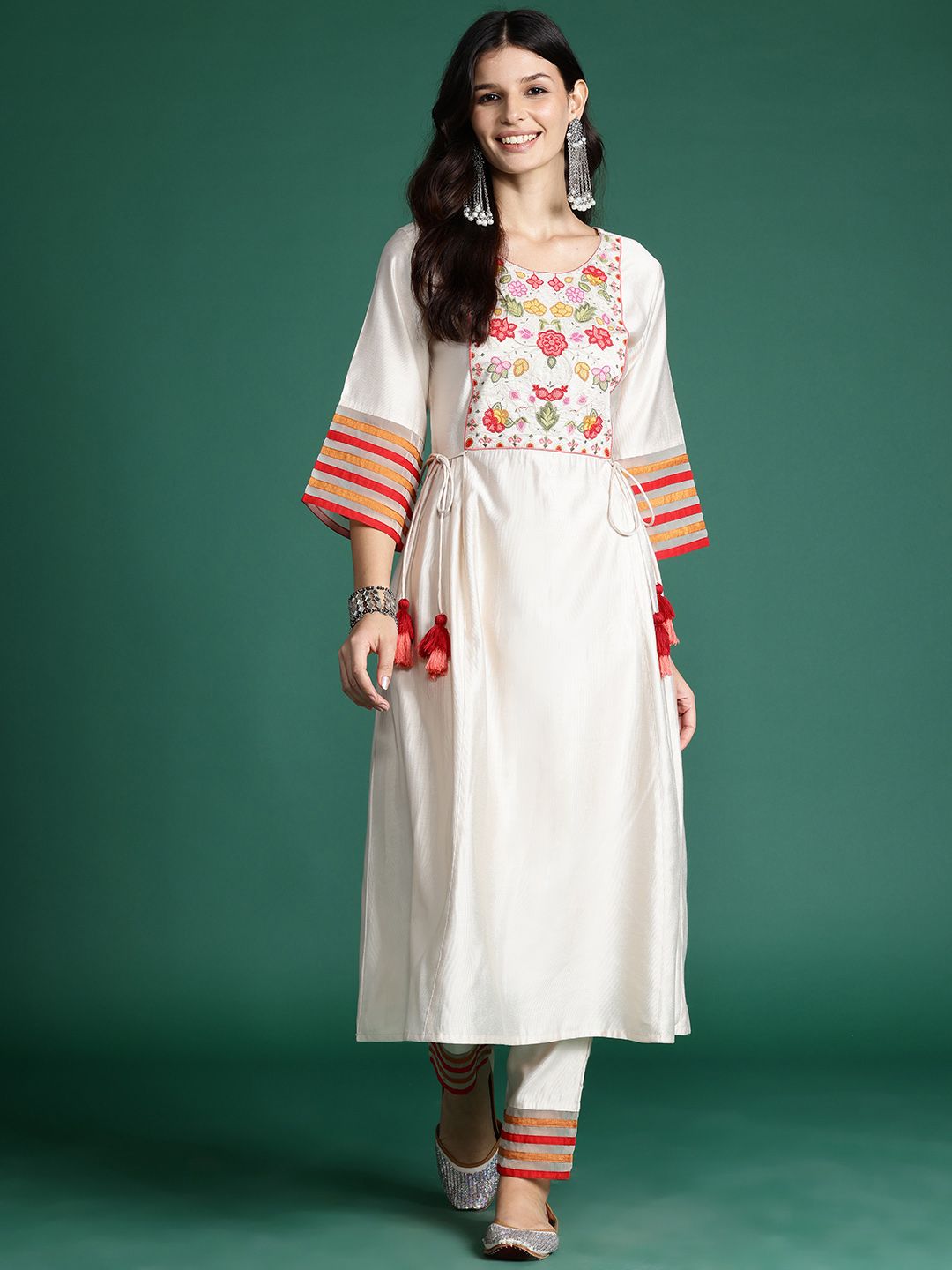 Indo Era Floral Embroidered Empire Thread Work Liva Kurta with Trousers
