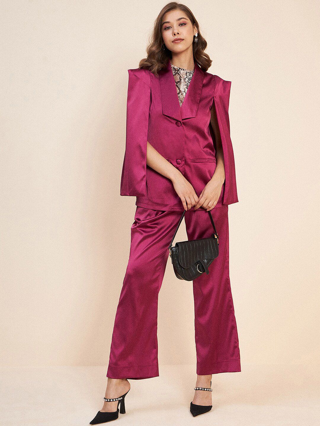 Antheaa Purple Shawl Neck Satin Coat With Trouser Co-Ords