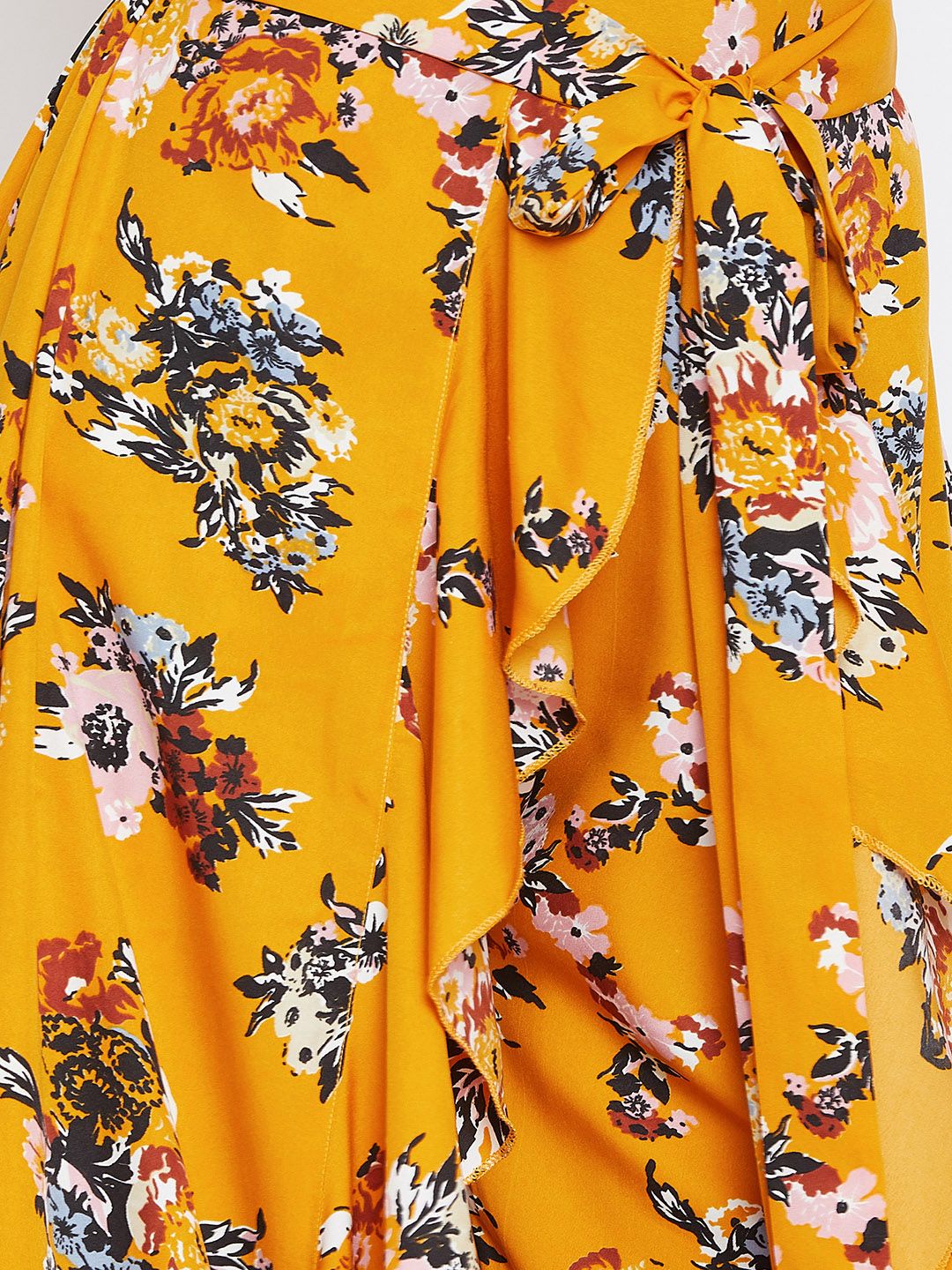Berrylush Mustard Yellow Printed Flared Maxi Skirt