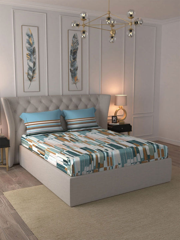 MYTRIDENT Crossroads Blue Dusk & Dawn Flat 144TC Queen Cotton Bedsheet Set