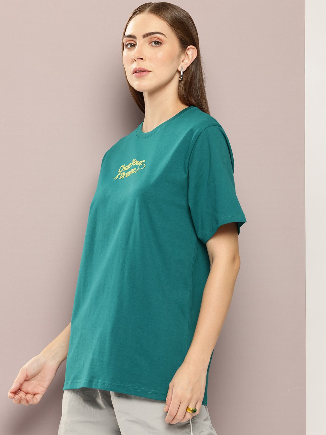 DILLINGER Women Typography Printed Embossed Oversized T-shirt