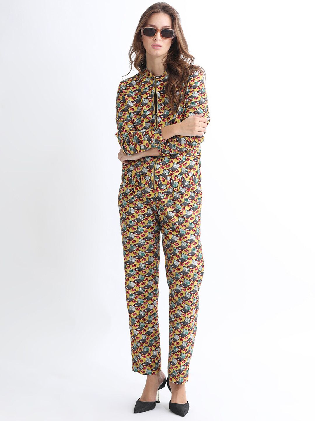 RAREISM Women Slim Fit Conversational Printed High-Rise Cotton Regular Trousers