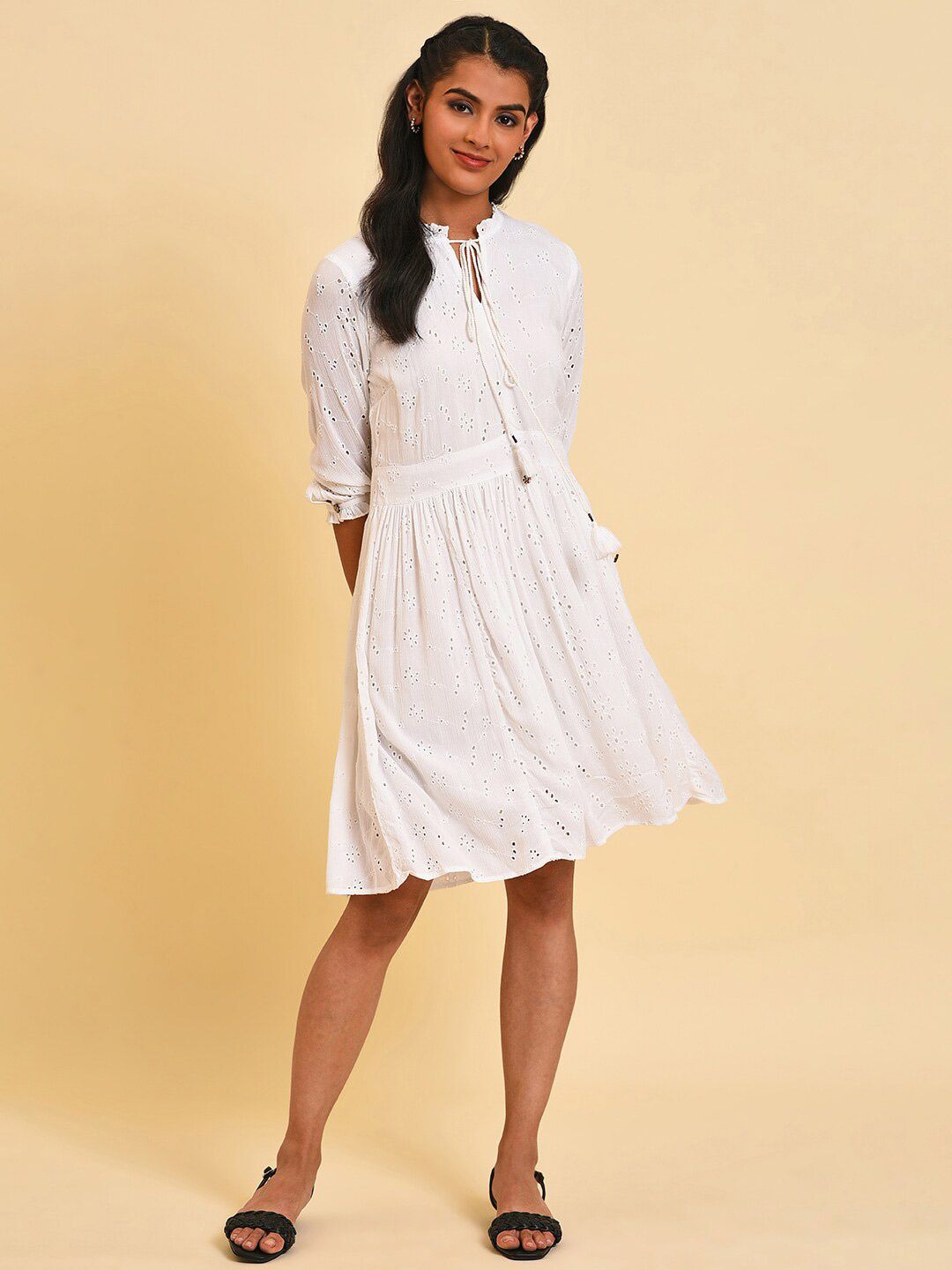 W Self Design Tie-Up Neck Schiffli Fit & Flare Dress