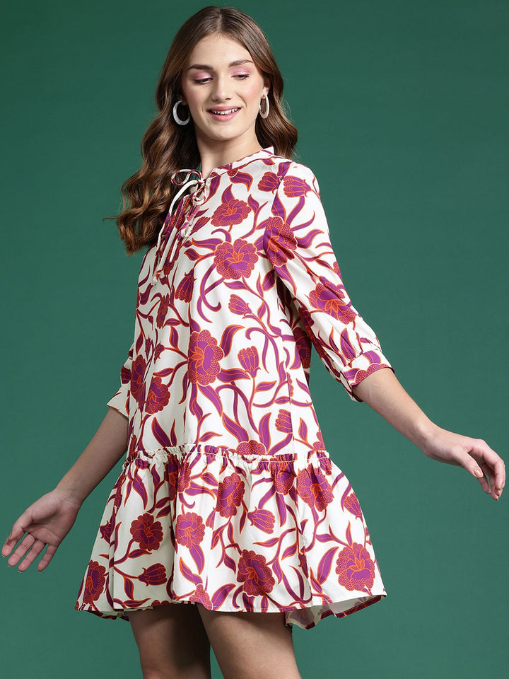 DressBerry Floral Print Tie-Up Neck Puff Sleeve A-Line Dress