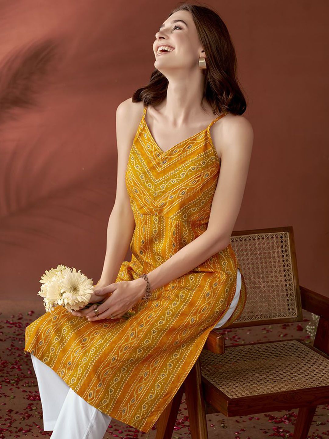 Anouk Mustard Yellow Bandhani Printed Shoulder Straps Straight Kurta