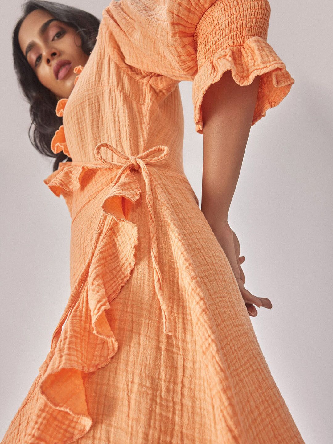 The Label Life Puff Sleeves Ruffled Detailed Cotton Warp Dress