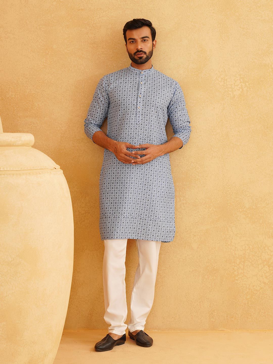 SOJANYA Men Geometric Printed Cotton Linen Kurta