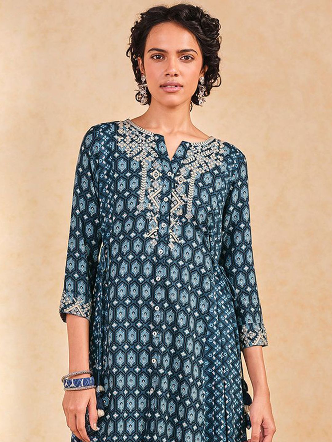 Global Desi Geometric Printed Thread Work A-Line Kurta