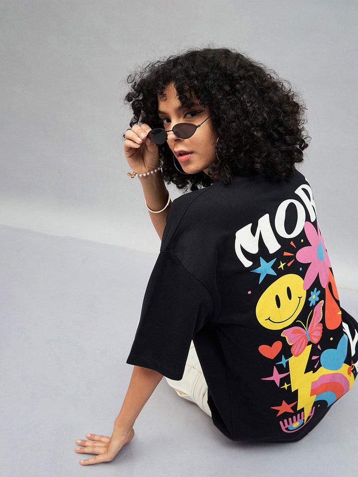 SASSAFRAS More Self Love Printed Drop-Shoulder Oversized Pure Cotton T-shirt