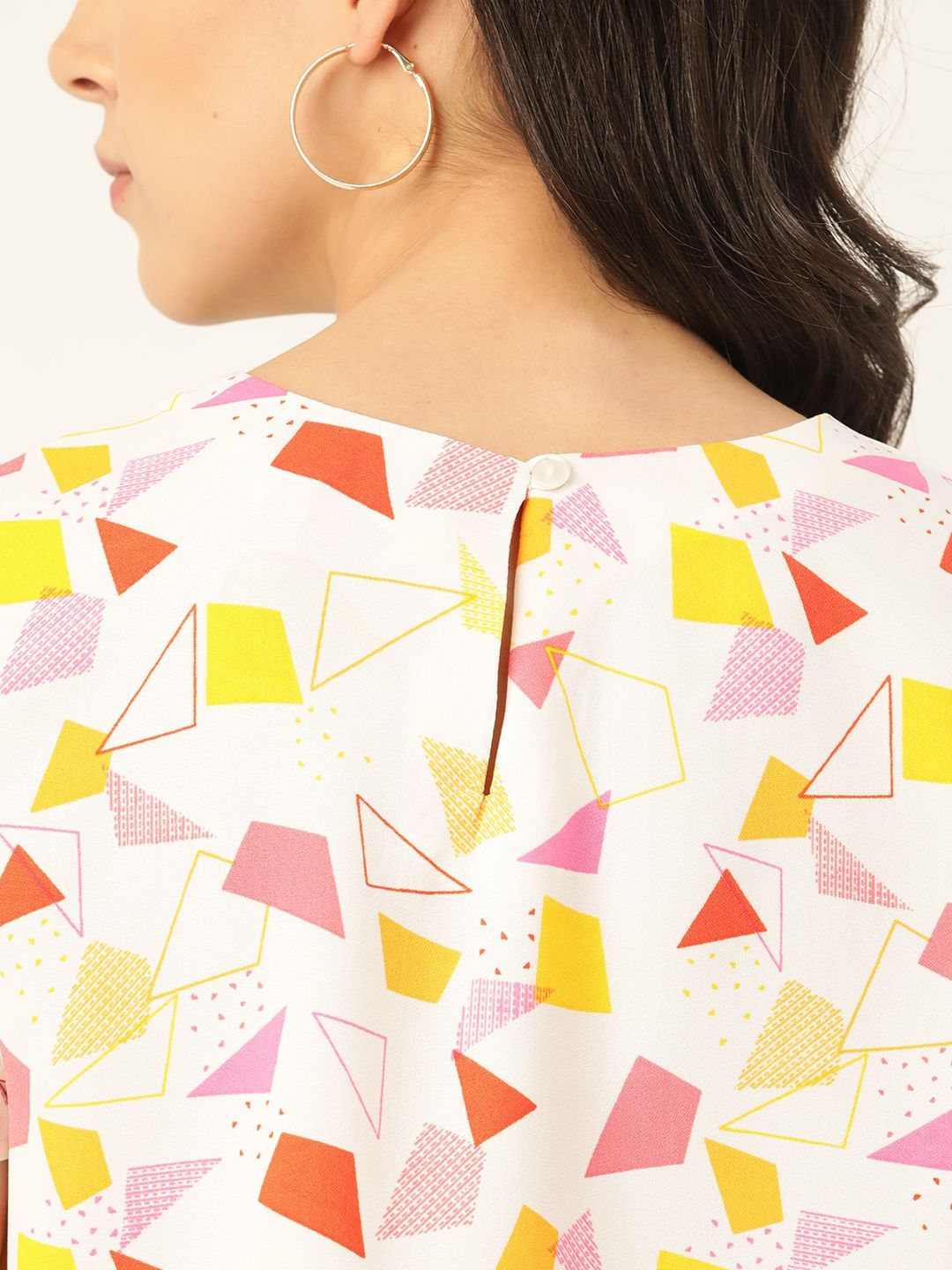 DressBerry White & Pink Geometric Printed Puff Sleeves Top