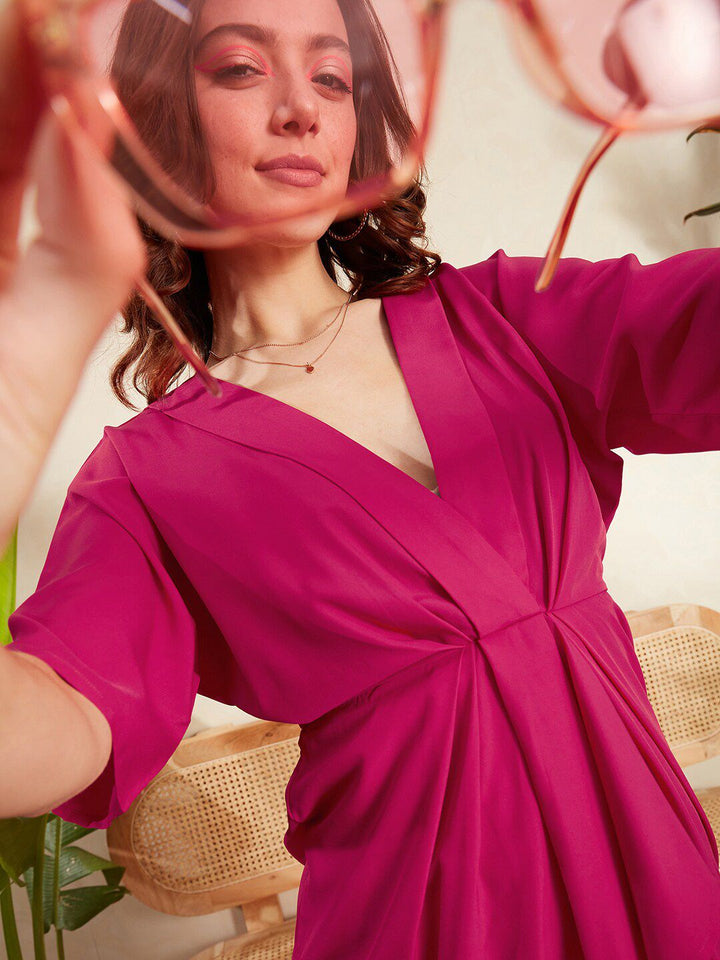 Berrylush Pink V-Neck Flared Sleeves Ruffles A-Line Mini Dress