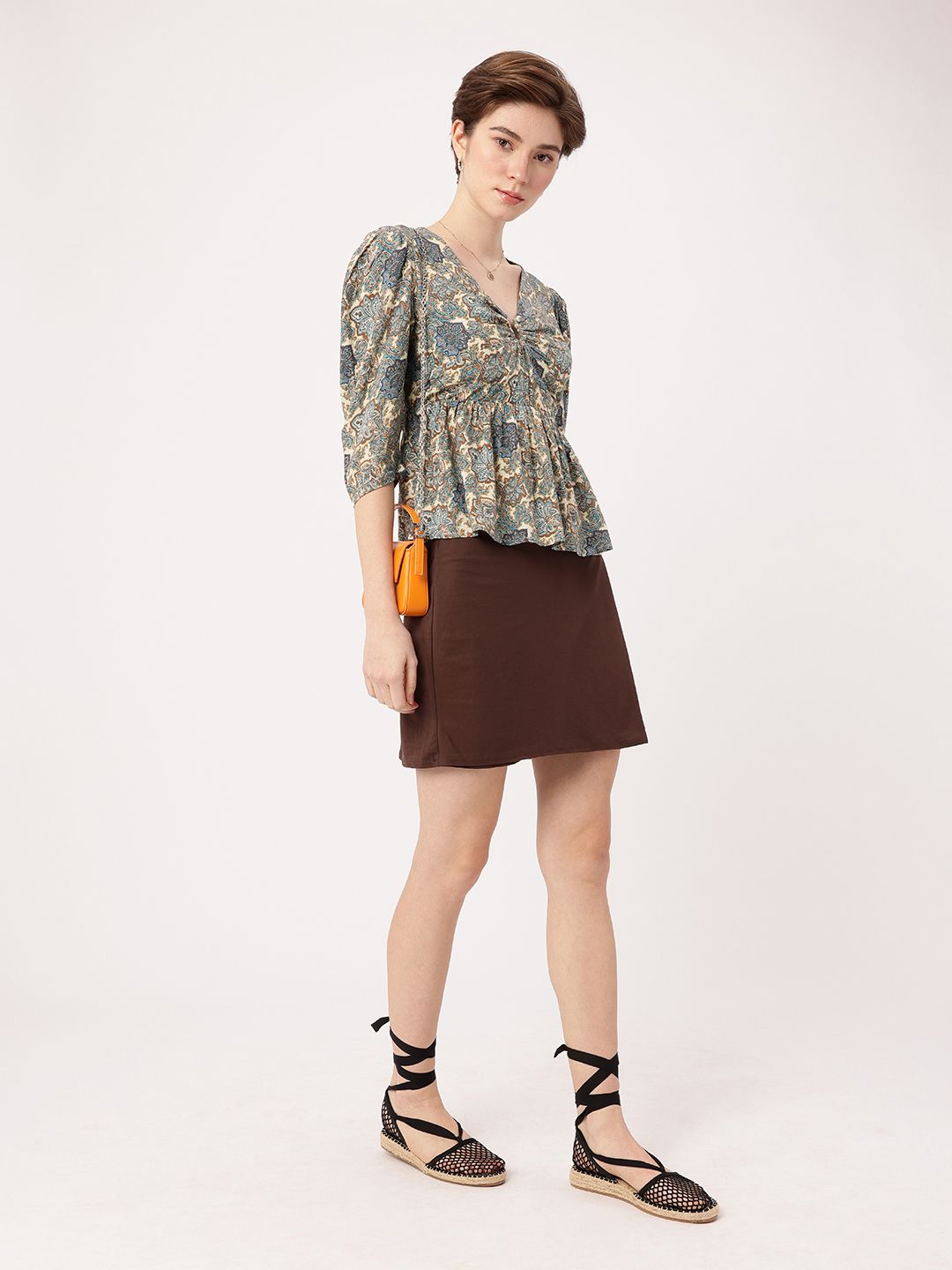 DressBerry Indie Boho Printed Puff Sleeves Gathered A-Line Top