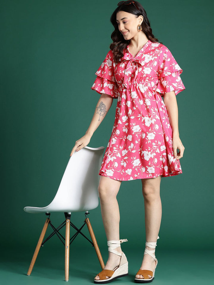 DressBerry Printed Tie-Up Neck Flared Sleeve Mini Dress